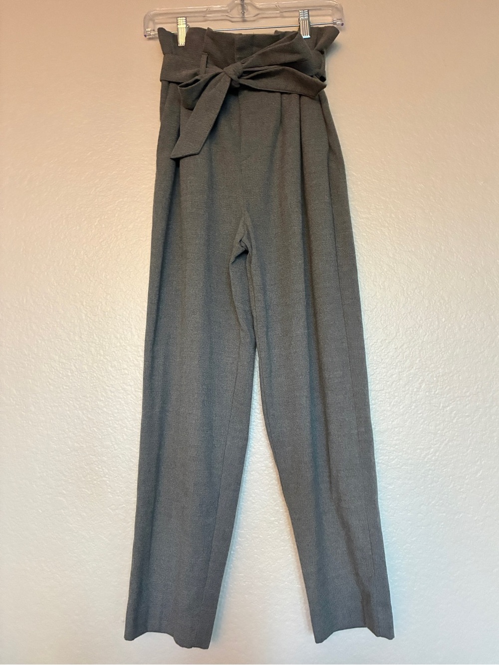 H&M Gray High-Waisted Paperbag Waist Trousers with Tie Belt Wide Leg Tailored